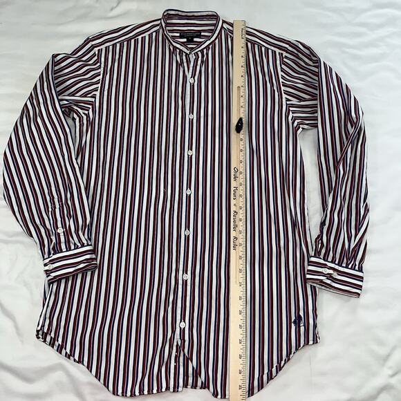 J Peterman Shirt Men's Size S Blue Red White Striped No Collar Button Down LS - Picture 8 of 12